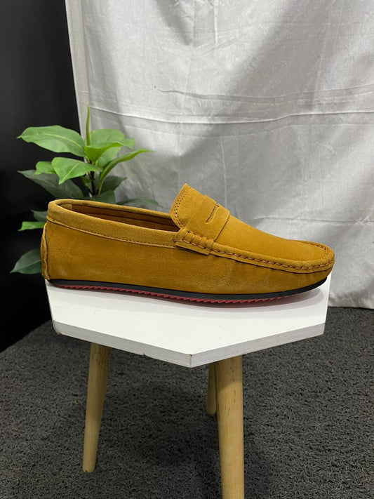 Yellow Tan Colour Penny Slot Suede Leather Men’s Semi Formal Loafers For Casual Formal Wear