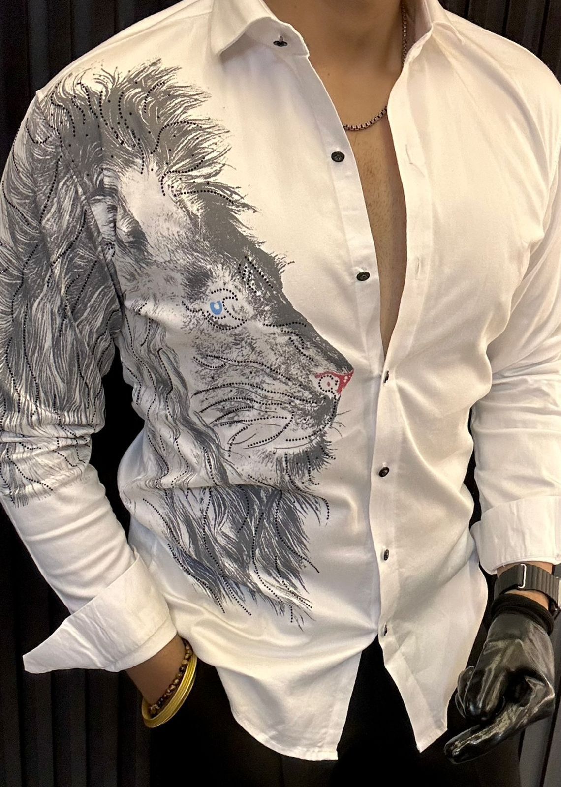 Men's White Lion Print Rhinestone Shirt