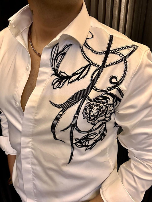 Men's White Embroidered Tiger Shirt