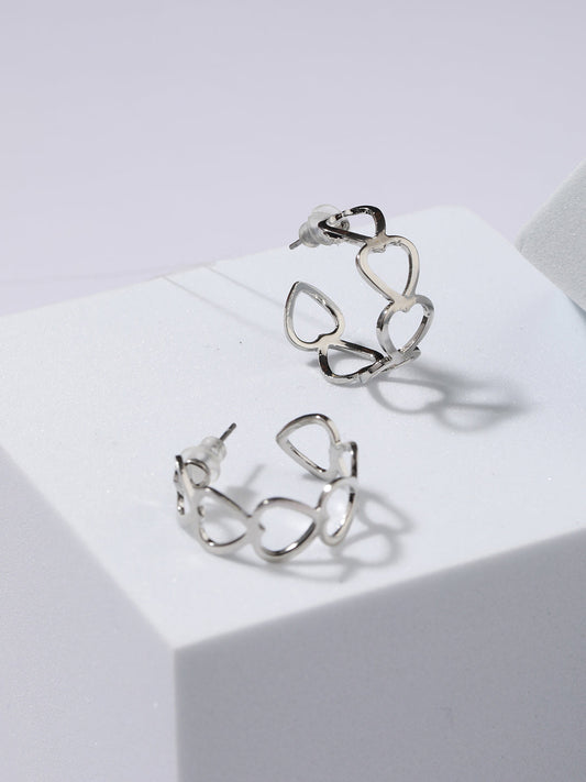 Silver-Plated Heart Shaped Half Hoop Earrings