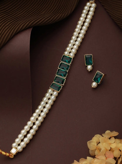 Gold-Plated Stone-Studded Beaded Jewellery Set