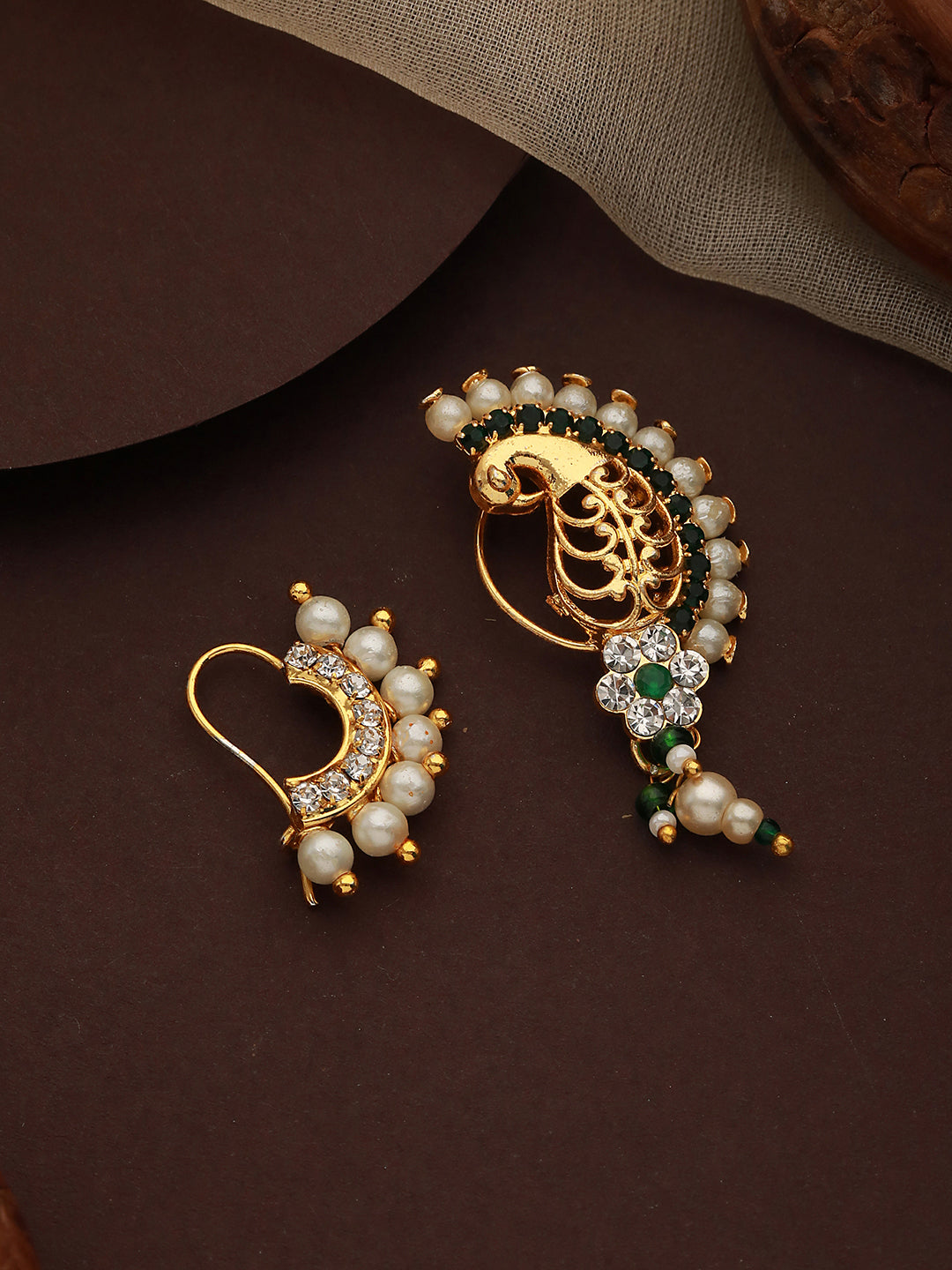 Set Of 2 Gold-Plated AD Stone-Studded & Pearl Beaded Nosepin