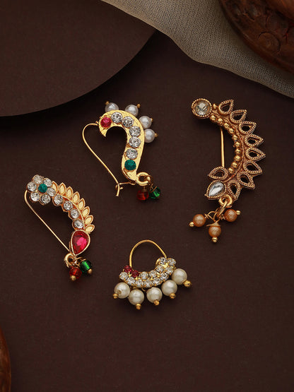 Set Of 4 Gold-Plated Stone-Studded & Beaded Nosepin