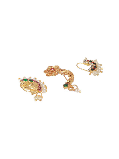 Set Of 3 Gold-Plated Stone-Studded & Beaded Nosepins
