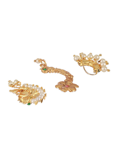 Set Of 3 Gold-Plated Stone-Studded & Beaded Nosepins