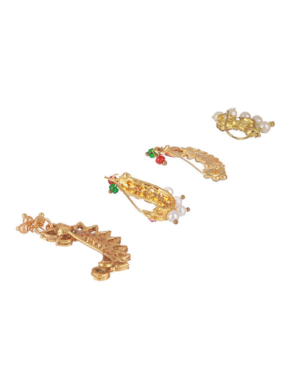 Set Of 4 Gold-Plated Stone-Studded & Beaded Nosepin