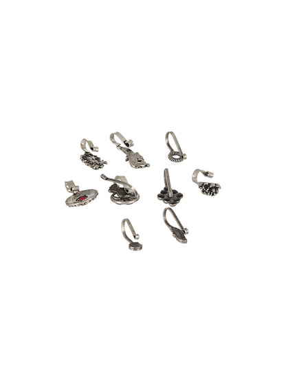 Set of 10 Silver-Plated Oxidised Stone Studded Nose Pins