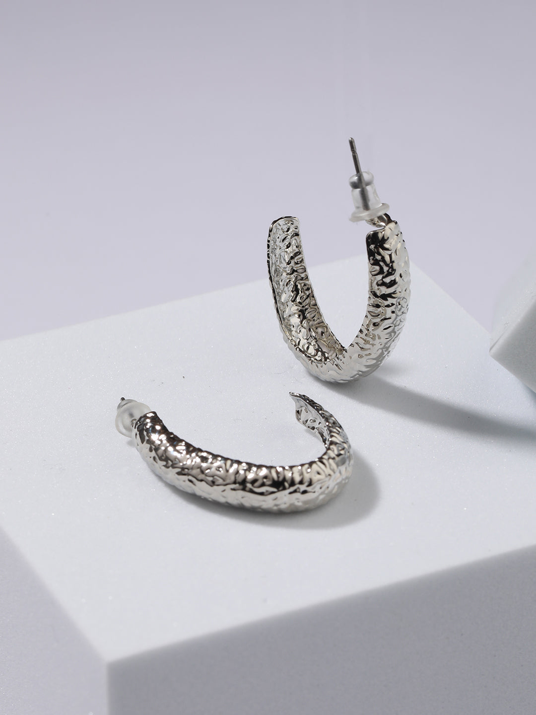 Silver Plated Textured Oval Hoop Earrings