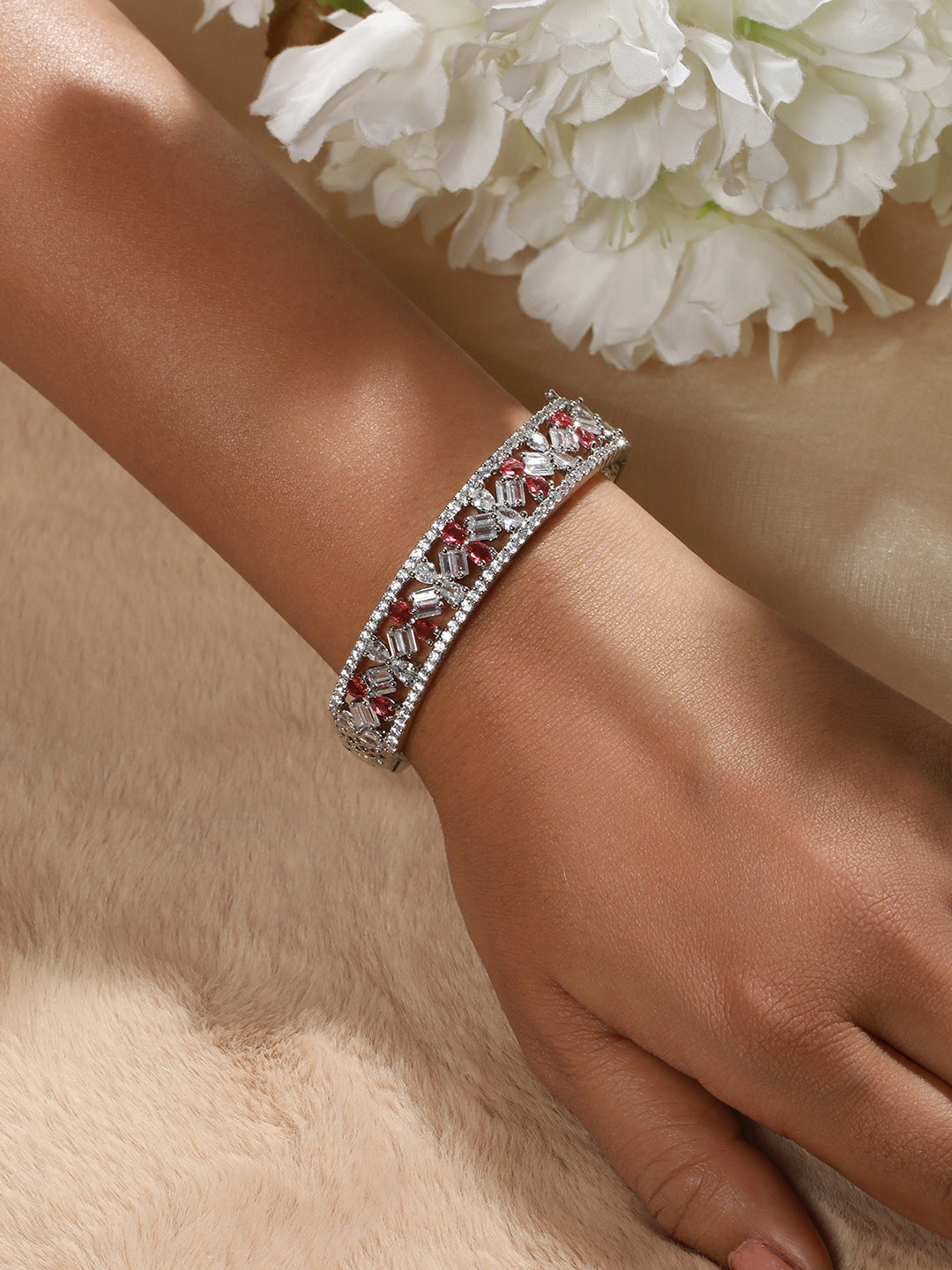 Red & White American Diamond Studded Rhodium-Plated Link Bracelet