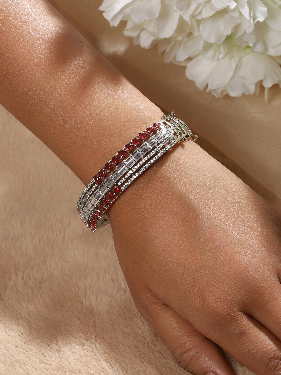 Red American Diamond Studded Rhodium-Plated Link Bracelet