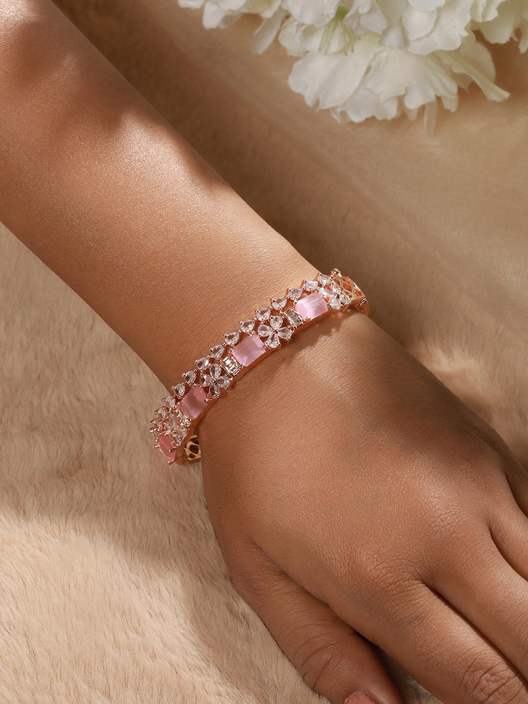 Rose Gold Plated & Pink American Diamond Studded Bangle Style Bracelet