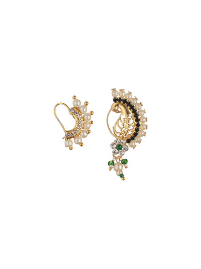 Set Of 2 Gold-Plated AD Stone-Studded & Pearl Beaded Nosepin