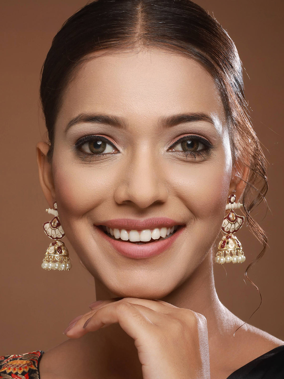 Gold-Toned White & Marron Meenakari Jhumkas Earrings