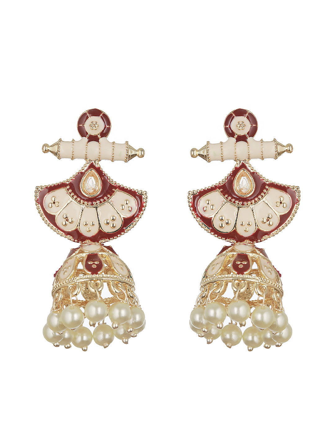 Gold-Toned White & Marron Meenakari Jhumkas Earrings