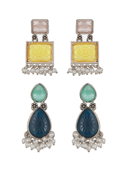 Set of 2 Silver-Plated Yellow & Blue Geometric Drop Earrings