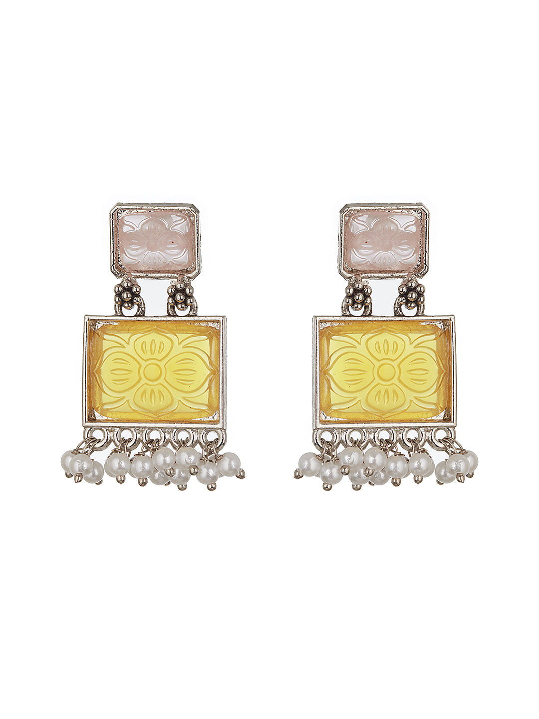 Set of 2 Silver-Plated Yellow & Blue Geometric Drop Earrings