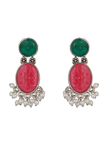 Set of 2 Gold-Plated Pink & Green Dome Shaped Drop Earrings