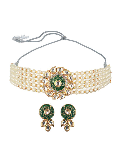 Gold-Plated Kundan-Studded & Beaded Meenakari Necklace & Earrings