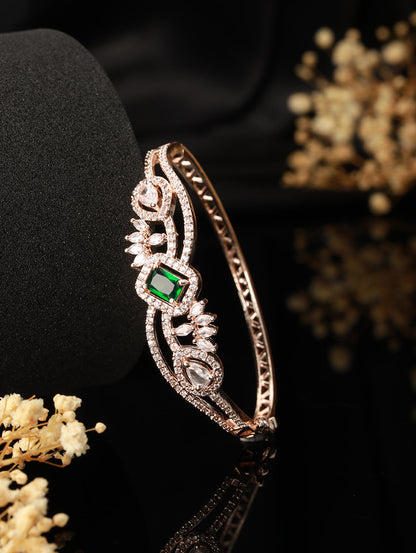 Rose Gold Plated & Green American Diamond Studded Bangle Link Bracelet