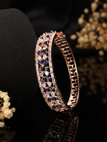 Rose Gold Plated & Blue American Diamond Studded Bangle Style Bracelet